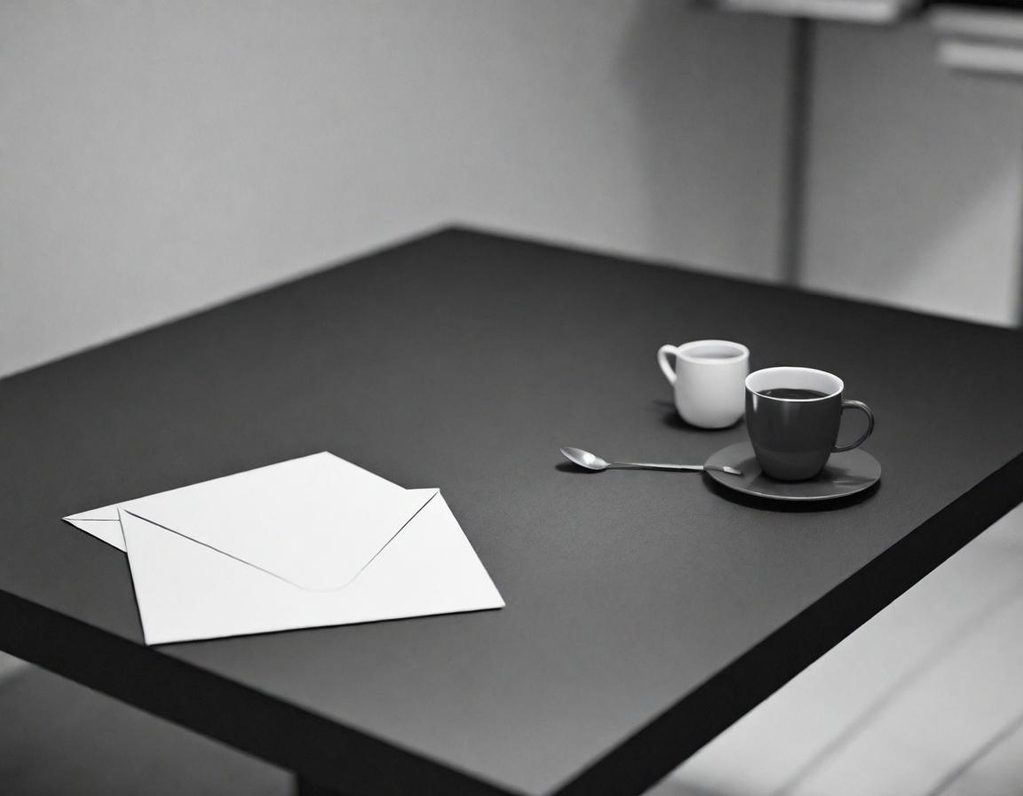 Mesa negra con tazas de café y cartas blancas.