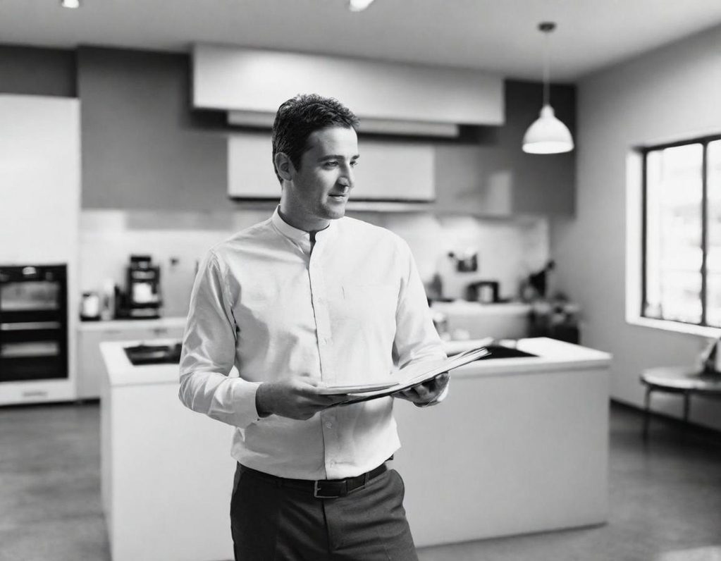 Hombre en una cocina moderna, leyendo un documento con atención.